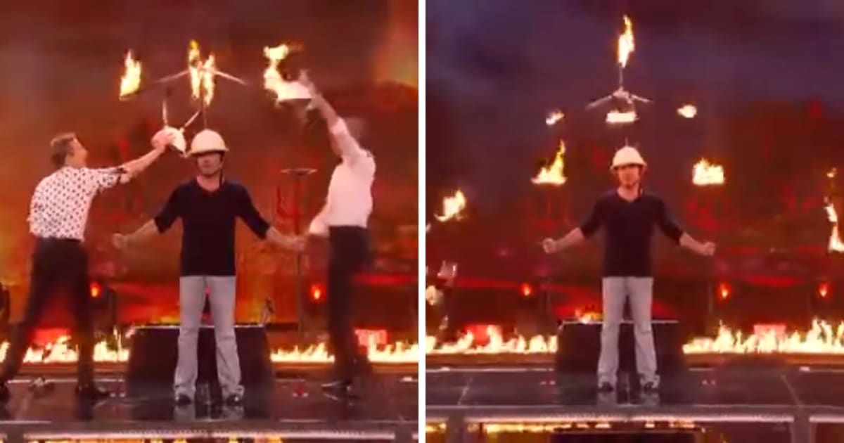 Simon Cowell gets dragged on stage for fiery ‘AGT’ stunt — juggling act nearly sets him on fire