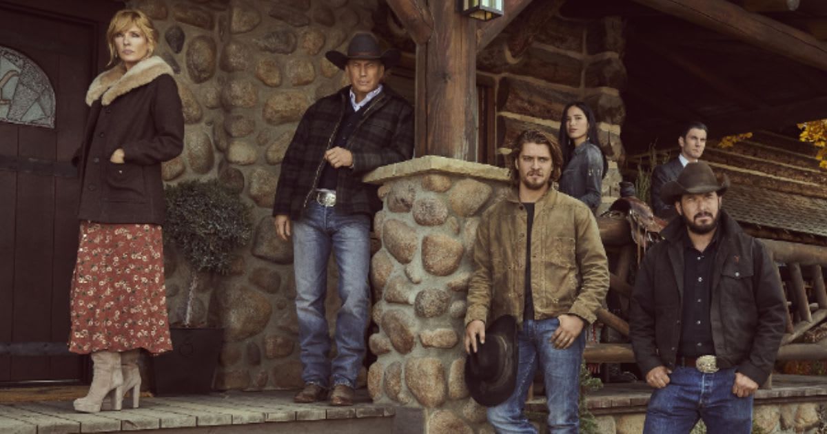 A still of Kevin Costner, Wes Bentley, Cole Hauser, Kelly Reilly, Kelsey Asbille, and Luke Grimes in 'Yellowstone'. (Cover Image Source: Paramount Network | Landman) 