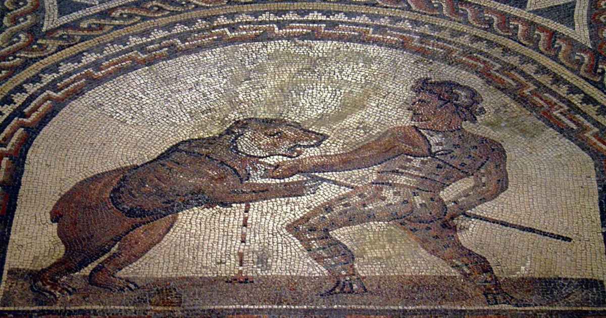 Detail of the Gladiator mosaic floor, a Venator fighting a bear, Römerhalle, Bad Kreuznach, Germany. (Representative Cover Image Source: Wikimedia Commons | Carole Raddato)