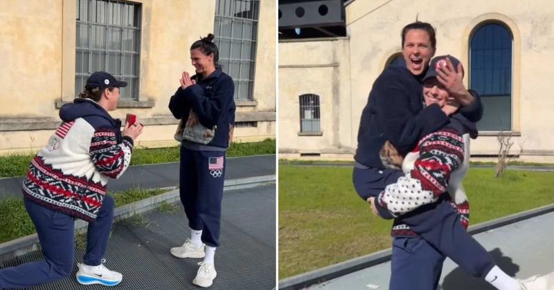 Women's hockey captain Hilary Knight proposes to speed skater Brittany Bowe at Olympics