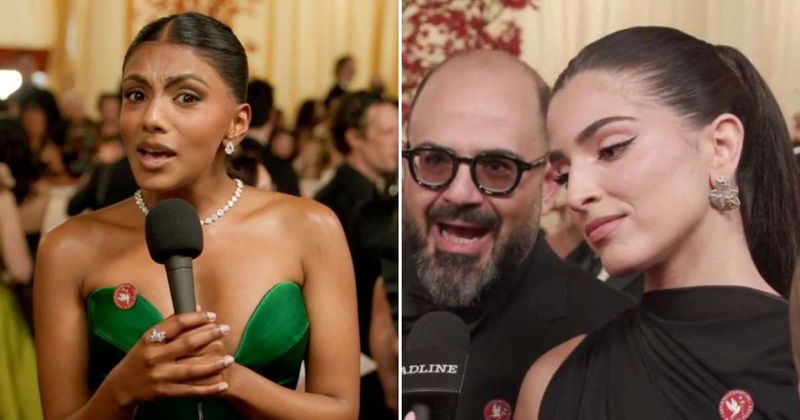 Charithra Chandran and Saja Kilani wear Artists4Ceasefire pin at 2026 Oscars amid US-Iran war