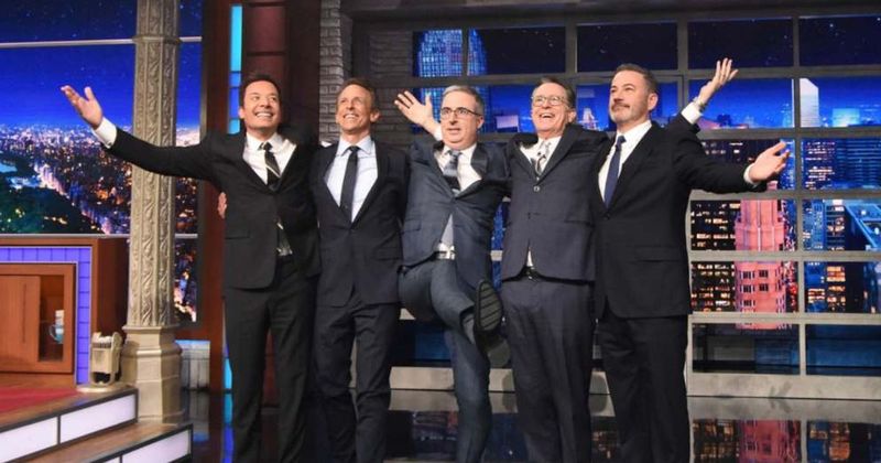 Stephen Colbert reunites Kimmel, Meyers and John Oliver on ‘Late Show’ final week to discuss Trump