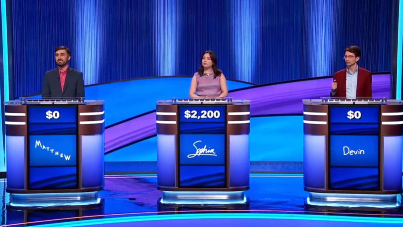 Matthew, Sophia and Devin playing in 'Jeopardy!'