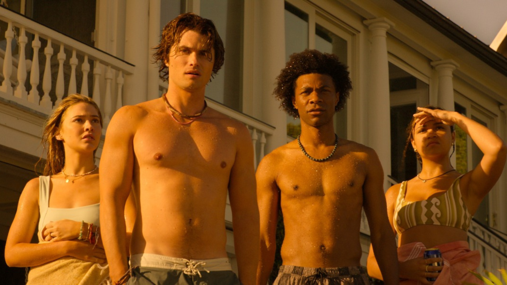 Madelyn Cline, Chase Stokes, Jonathan Daviss, and Madison Bailey on ‘Outer Banks’ (Image source: Lee Davis/Netflix © 2026)