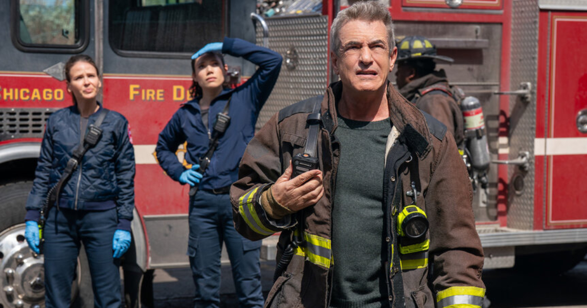Jocelyn Hudon as Lyla Novak, Hanako Greensmith as Violet Mikami, and Dermot Mulroney as Dom Pascal during Chicago Fire Season 14 Episode 21.