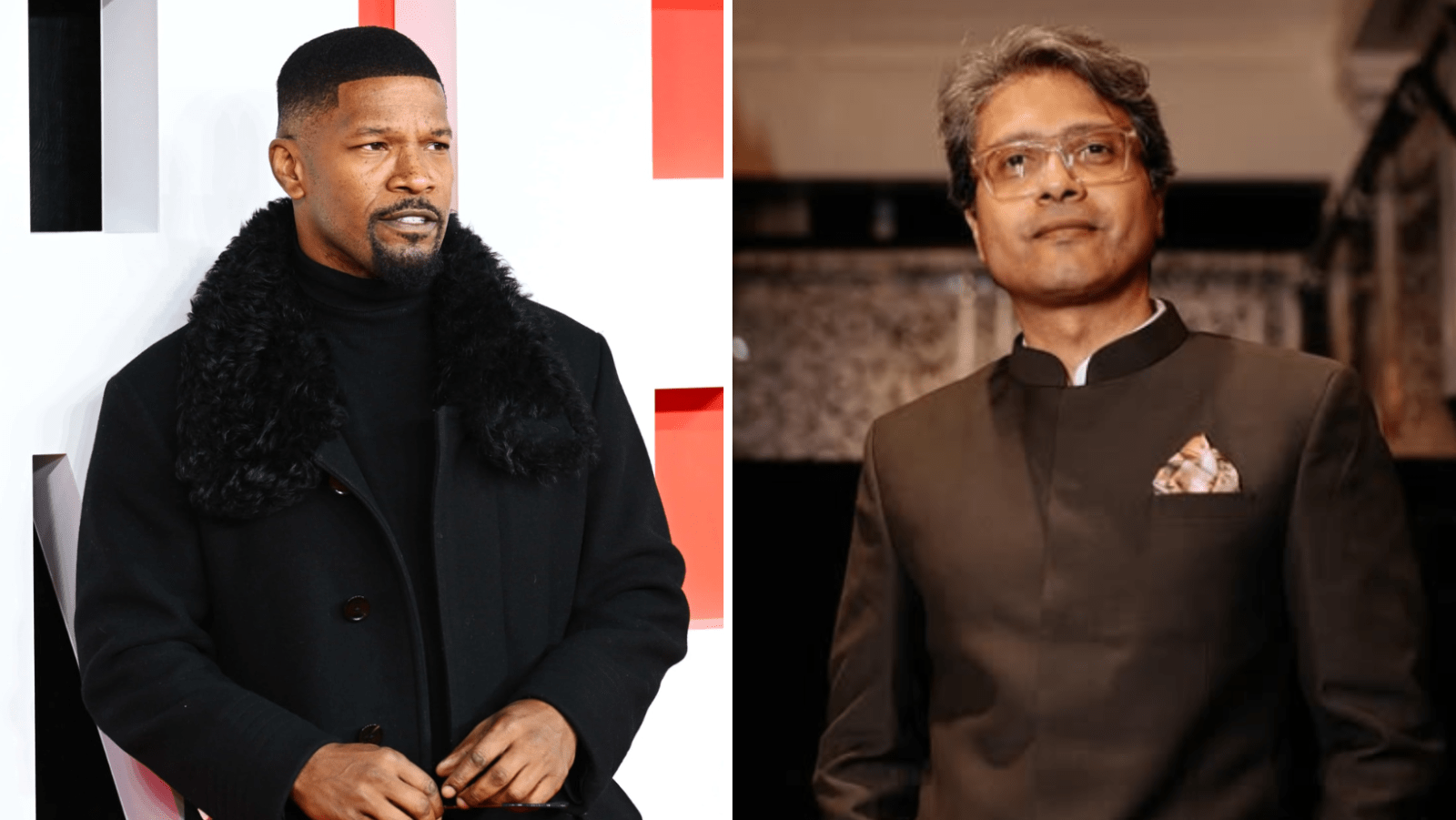 (L) Jamie Foxx attends the ‘Creed III’ European premiere at Cineworld Leicester Square on February 15, 2023, in London, England; (R) Nikhil Bhat poses for a photo during 'Kill