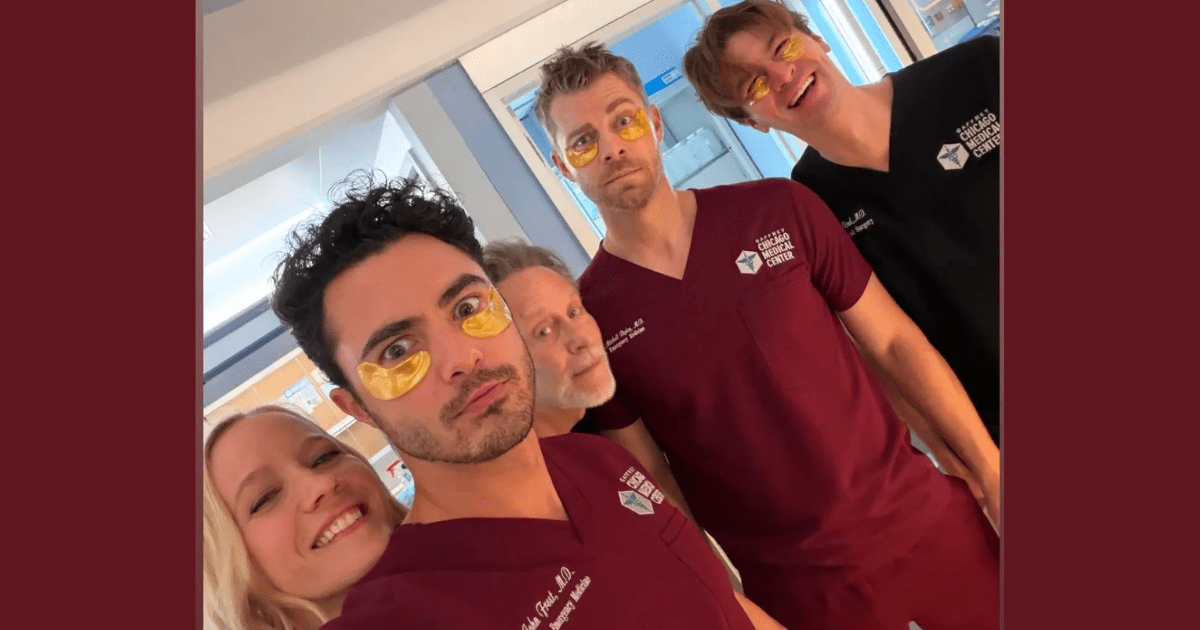 Jessy Schram, Darren Barnet, Steven Weber, Luke Mitchell, and Devin Kawaoka on the set of Chicago Med season 12 | Luke Mitchell via Instagram