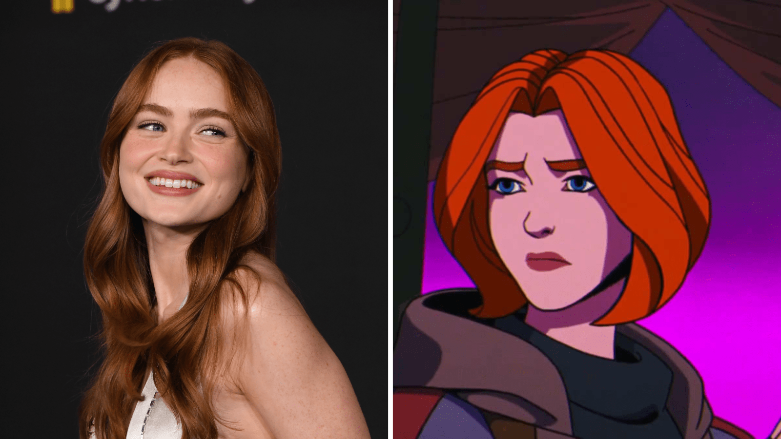 L: Sadie Sink attends the Los Angeles premiere of ‘Spider-Man: Brand New Day’; R: Jean Grey in the far-future storyline of ‘X-Men ’97’ Season 2 (Cover Image Source: Steve Granitz/FilmMagic and Marvel/Disney+)