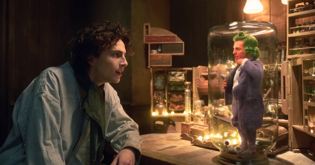 Timothee Chalamet and Hugh Grant in a still from 'Wonka'