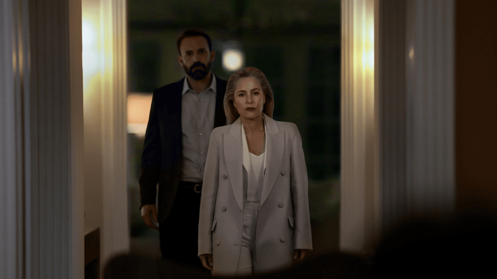 Ben Affleck as Mark and Gillian Anderson as Dayle in Animals.  (Image source: Warrick Page/Netflix)