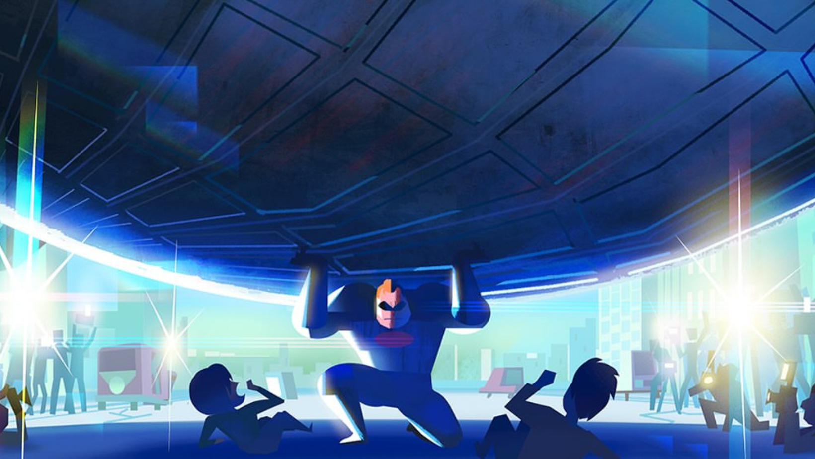 A new Super lifts a platform in the first ‘Incredibles 3’ concept art unveiled at D23 (Image Source: Disney/Pixar)