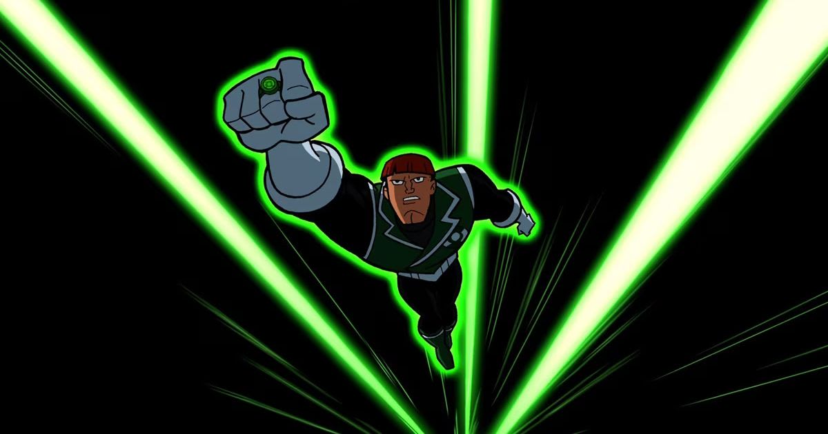 Guy Gardner flies into action as a Green Lantern in the animated series Young Justice. [Image source: DC/Warner Bros.]