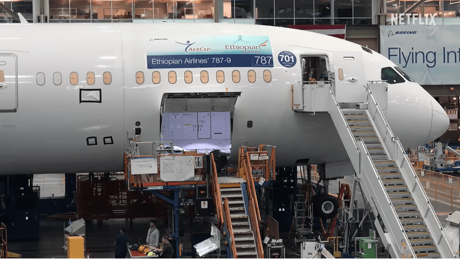 An Ethiopian Airlines Boeing 787-9 Dreamliner sits on the factory floor in ‘Freefall: A Reckoning for Boeing’ (Image Source: Netflix)