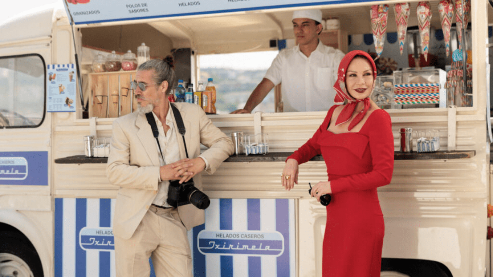 Óscar Jaenada as Zigor and Catherine Zeta-Jones as Jackie Price in ‘Kill Jackie’ (Image Source: AMC+)