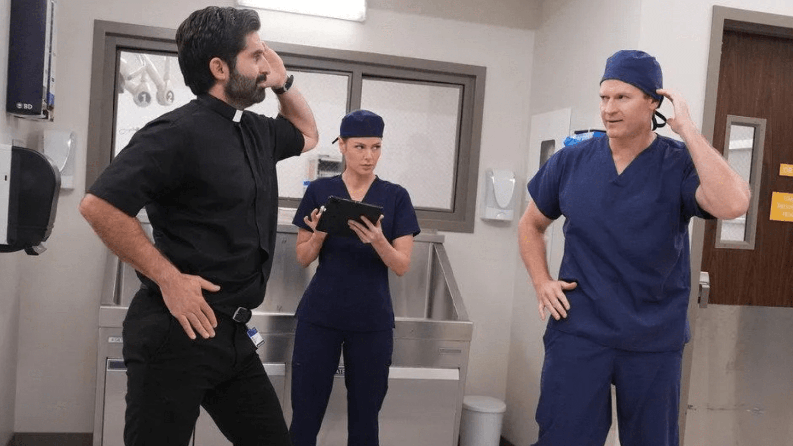 A still of Brooke, Steve and Bruce from 'St. Denis Medical'