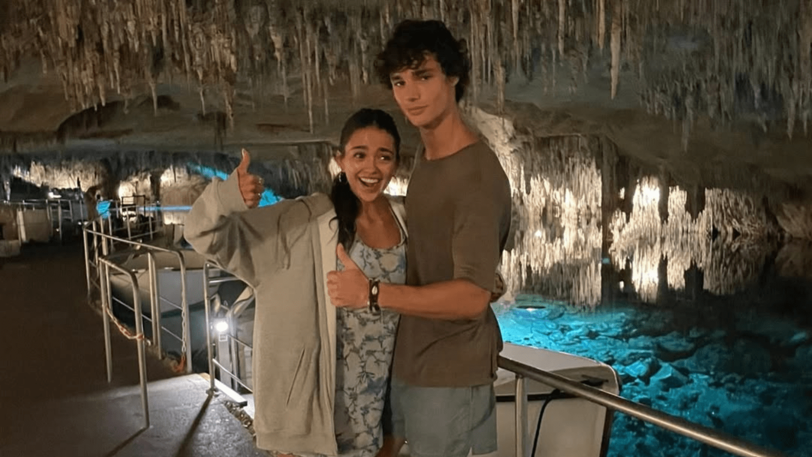 Maia Reficco and Fernando Lindez pose together while filming ‘The Last Sunrise’ inside a cave (Image Source: @maiareficco/Instagram)