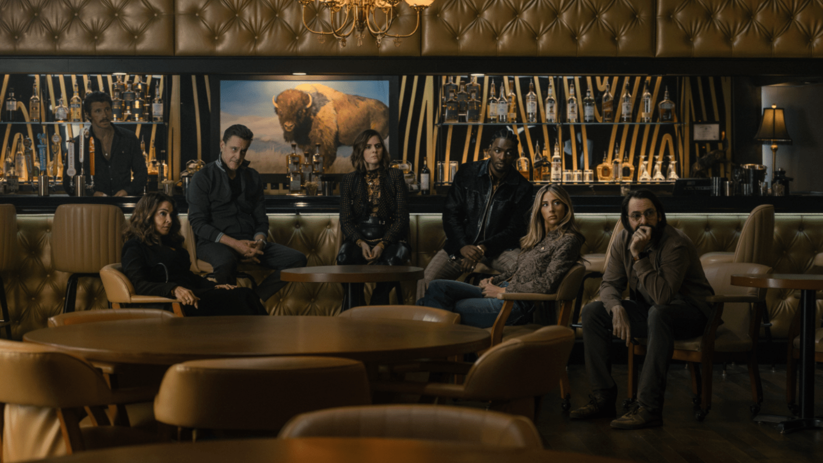 (L-R): Garrett Hedlund as Mitch, Annabella Sciorra as Joanne, Chris Caldovino as Goodie, McKenna Quigley Harrington as Grace, Jay Will as Tyson, Scarlet Stallone as Spencer, and Martin Starr as Bodhi in 'Tulsa King' Season 4 (Image source: Paramount+)
