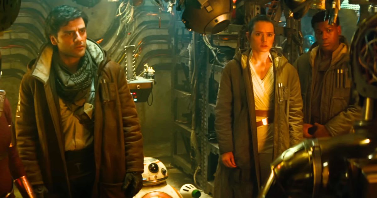 Oscar Isaac as Poe Dameron, Daisy Ridley as Rey, John Boyega as Finn in a still from 'Star Wars: The Last Jedi'