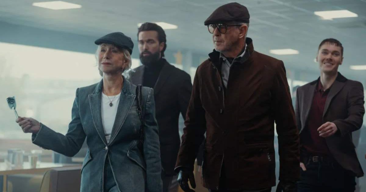 Helen Mirren as Maeve Harrigan, Emmett J Scanlan as Paul, Pierce Brosnan as Conrad Harrigan and Jack Archer as Fergus in ‘MobLand’ Season 2