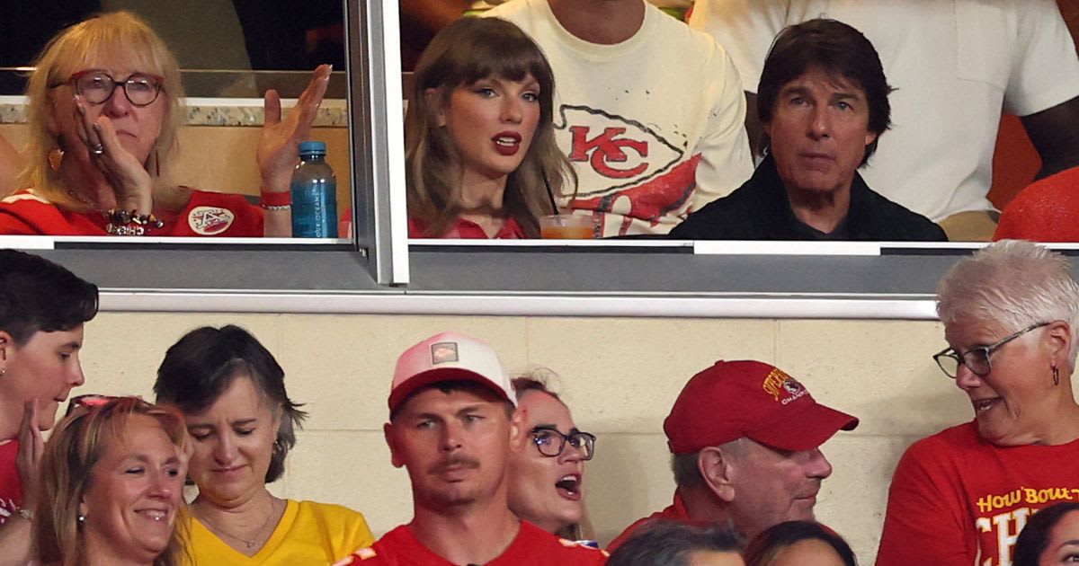 (L-R) Donna Kelce, Singer Taylor Swift, and actor Tom Cruise attend the game between the Kansas City Chiefs and the Denver Broncos at Arrowhead Stadium. (Photo by Jamie Squire/Getty Images)