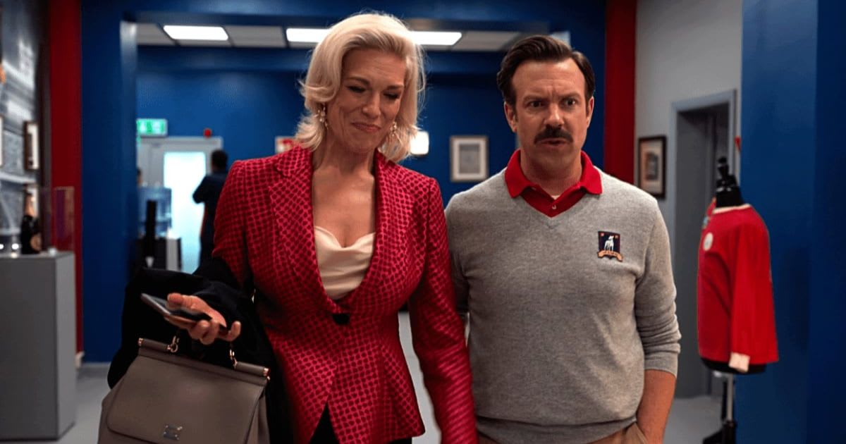 Hannah Weddingham and Jason Sudeikis in a still from 'Ted Lasso'