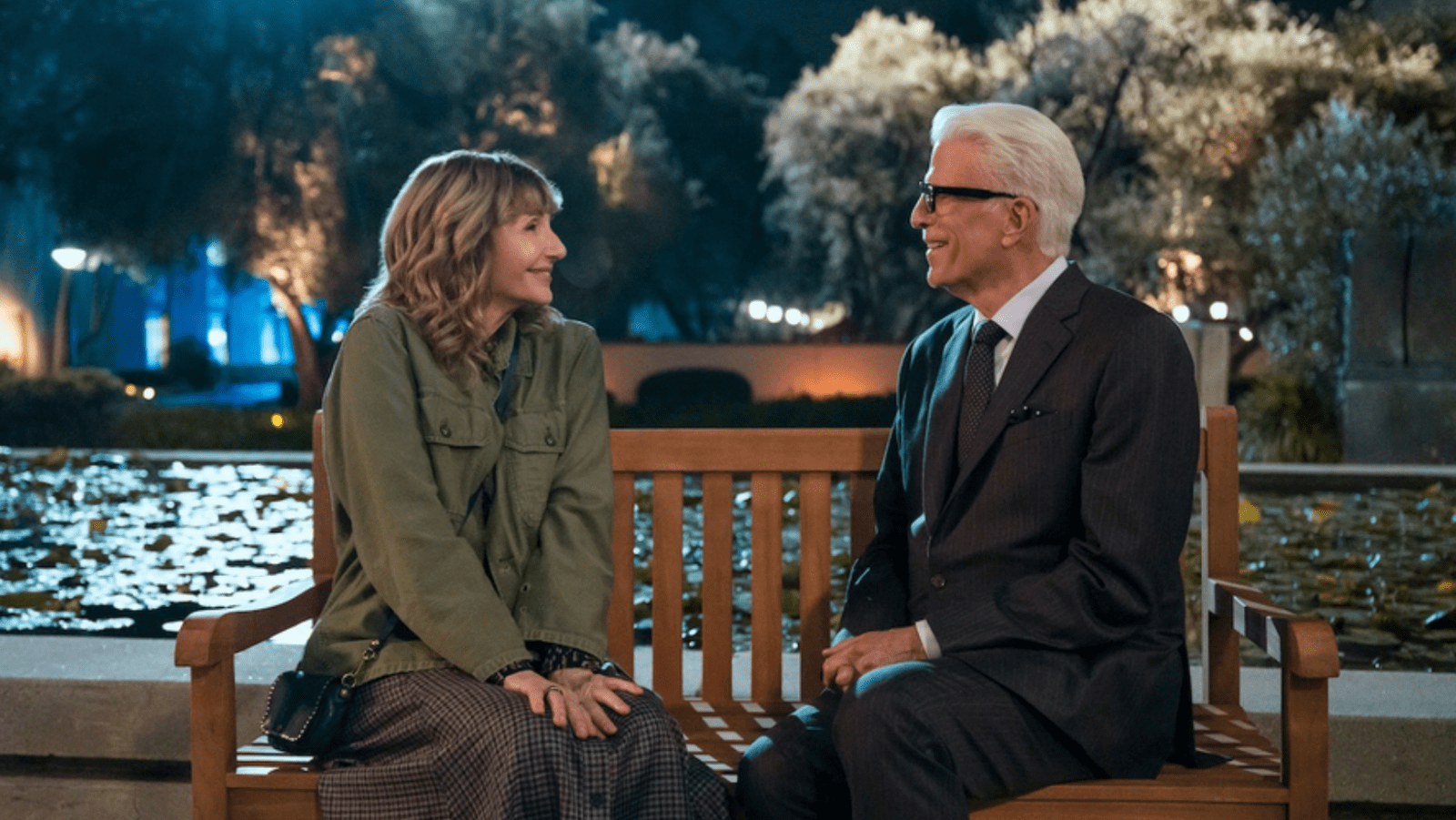Mary Steenburgen as Mona and Ted Danson as Charles Nieuwendyk sit together in ‘A Man on the Inside’ (Image Source: Netflix Tudum)