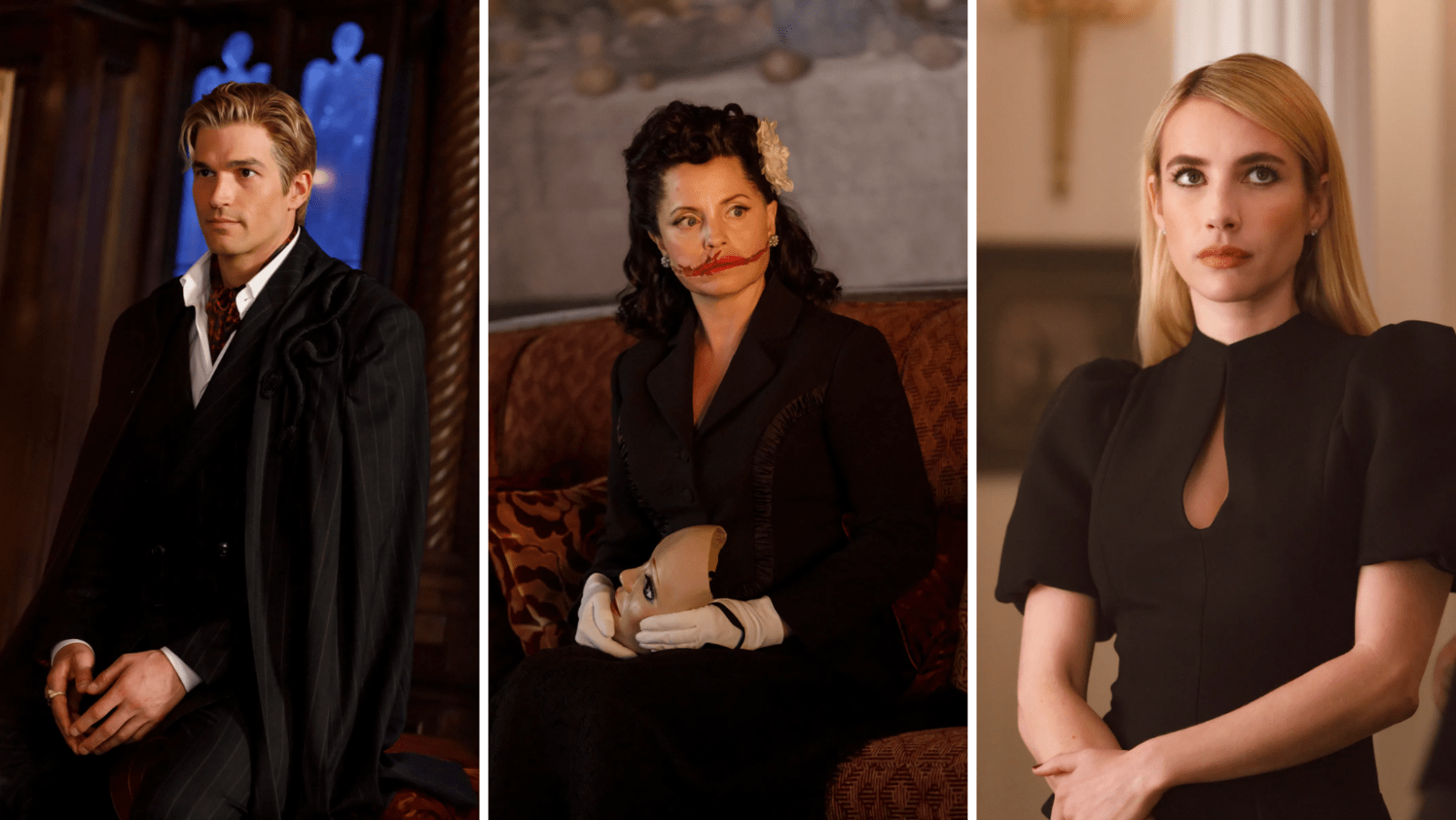 Paul Anthony Kelly (L), Mena Suvari as Elizabeth Short (C) and Emma Roberts as Madison Montgomery (R) in ‘American Horror Story: 13’ (Image Source: Eric Liebowitz/FX via Vogue)