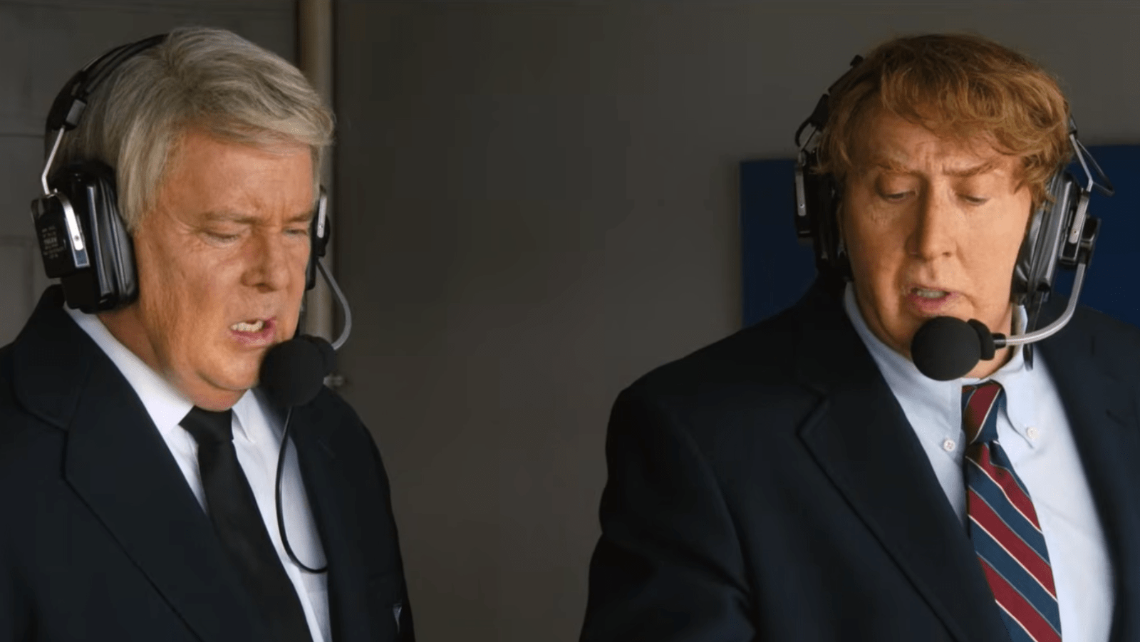 Joel Murray as Pat Summerall and Nicolas Cage as John Madden work in a broadcast booth in a still from the trailer of ‘Madden’ (Image Source: YouTube | Prime Video)