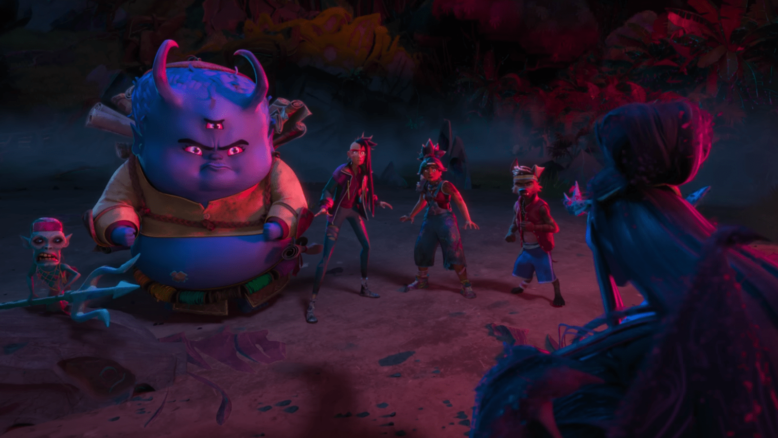 Jo and Raissa stand with their allies as Manang confronts them on Nakali in a still from the ‘Forgotten Island’ trailer (Image Source: DreamWorks Animation/Universal Pictures)