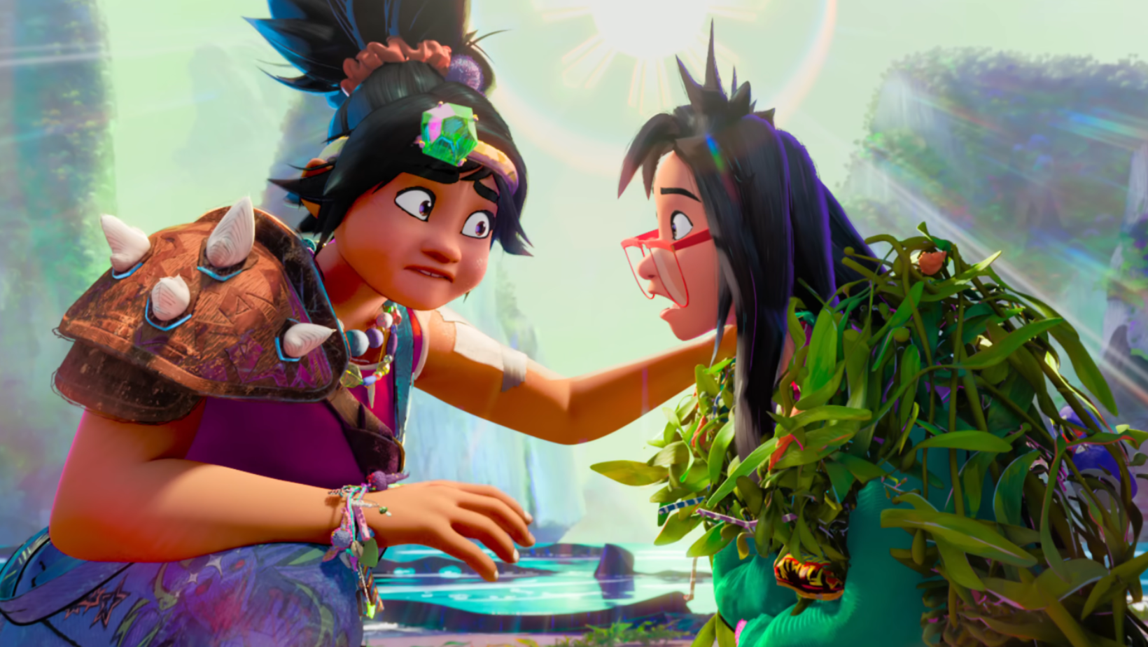 Jo and Raissa face each other on Nakali in ‘Forgotten Island’ (Image Source: DreamWorks Animation)