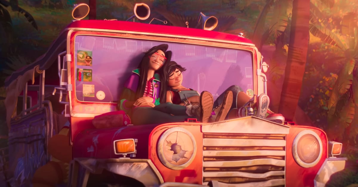 Jo and Raissa rest together on the hood of a jeep in ‘Forgotten Island’ (Cover Image Source: DreamWorks Animation)