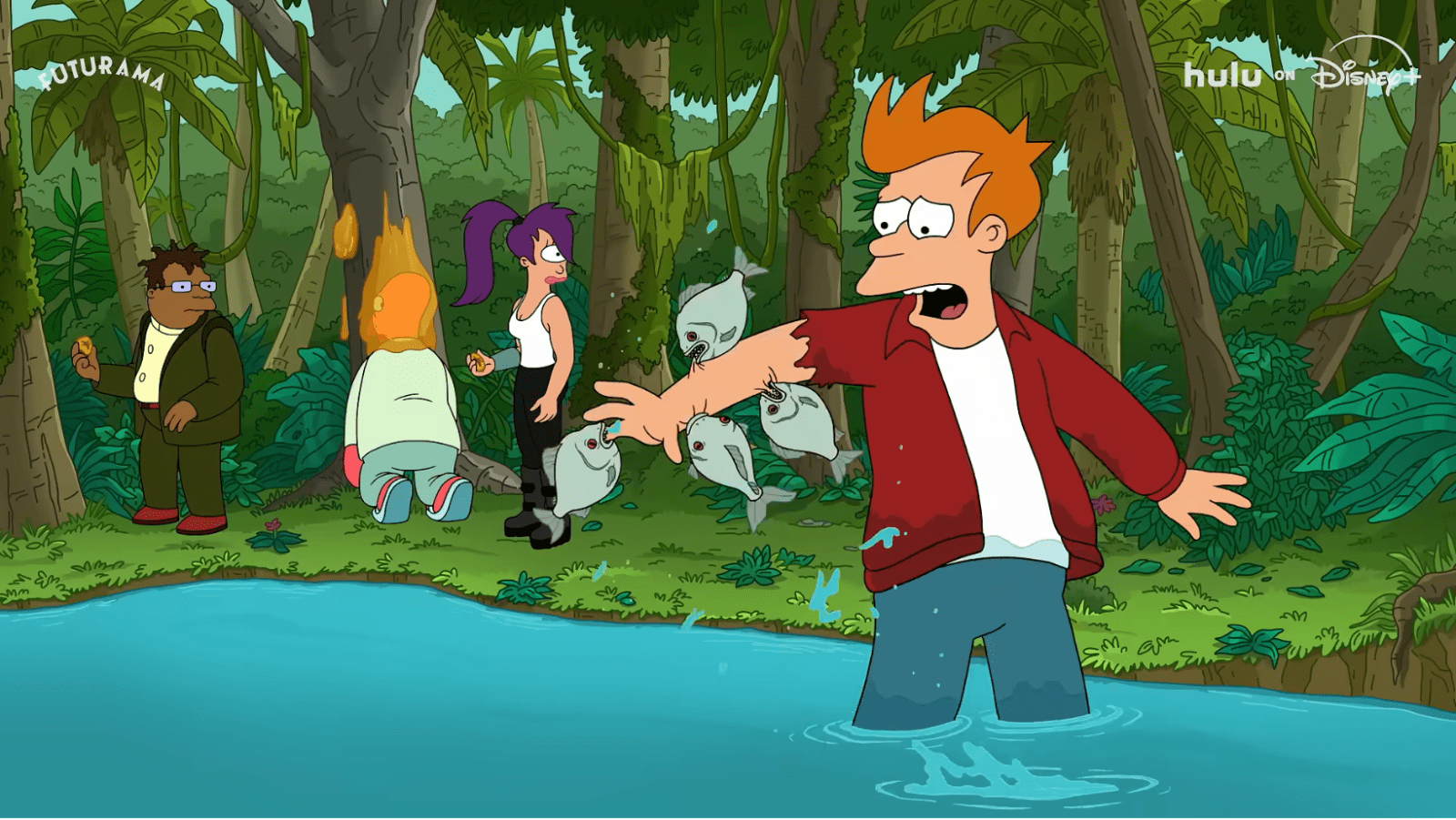 Fry stands in a river while Leela and the Planet Express crew watch from the bank (Image Source: Hulu | Youtube)