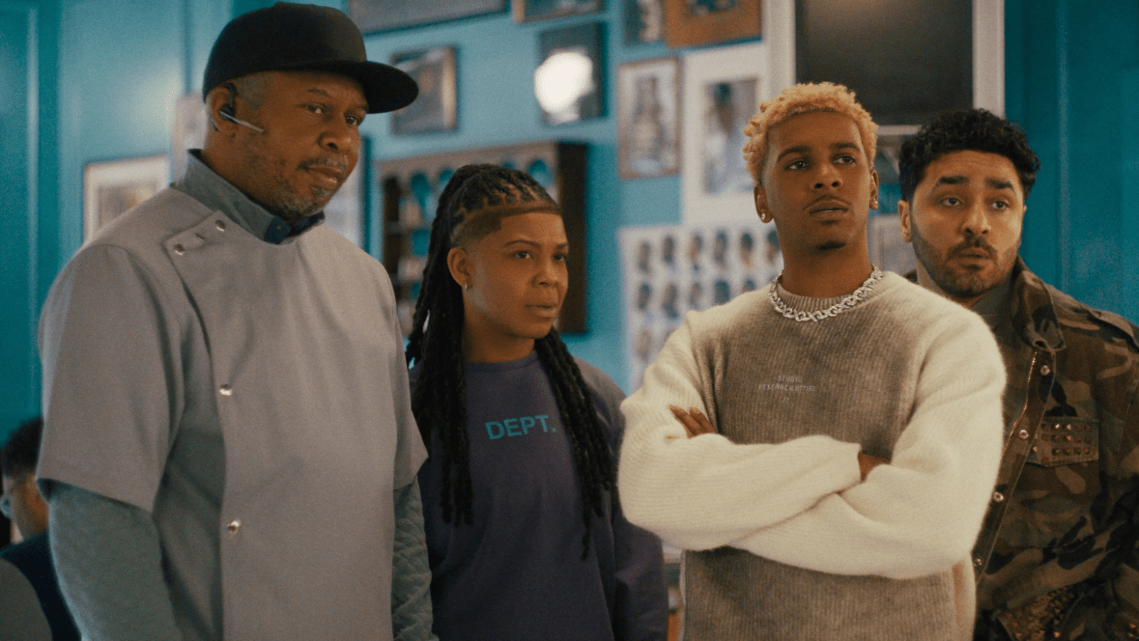 The new crew gathers at Calvin’s barbershop in Prime Video’s 'Barbershop' series (Image Source: Amazon MGM Studios)