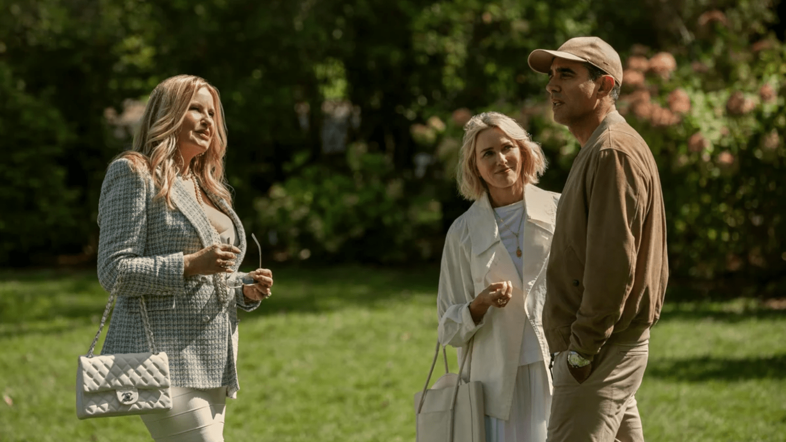 Jennifer Coolidge (L), Naomi Watts (C) and Bobby Cannavale (R) in ‘The Watcher’ Season 1 (Image Source: Netflix)