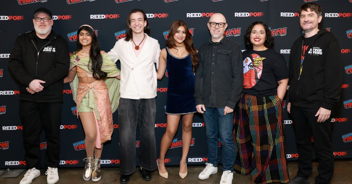 (L-R) Ethan Spaulding, Saheli Khan, Major Curda, Aishu Devan, Michael Dante DiMartino, Sehaj Sethi and Bryan Konietzko speaks at the ‘Avatar: Seven Havens’ Panel during New York Comic Con 2026 at Javits Center on October 09, 2026, in New York City. (Image Source: Getty | Photo by Jason Mendez)