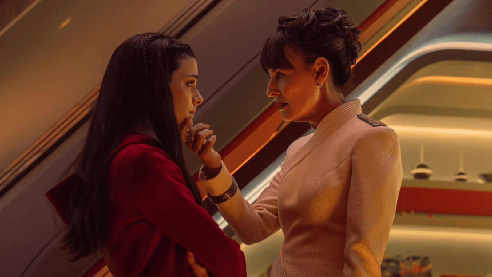 Zoë Steiner (L) as Tarima and Rosemarie DeWitt (R) as her mother, Laytha Sadal, in 'Star Trek: Starfleet Academy' Season 2 (Image Source: Paramount+ | Photo by Michael Gibson)